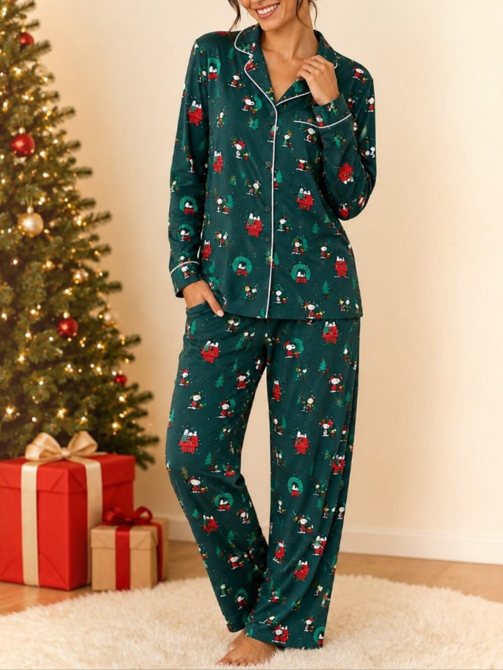 Bedhead Medium Pajamas Set Peanuts Christmas Holiday Snoopy Green Flannel PJs